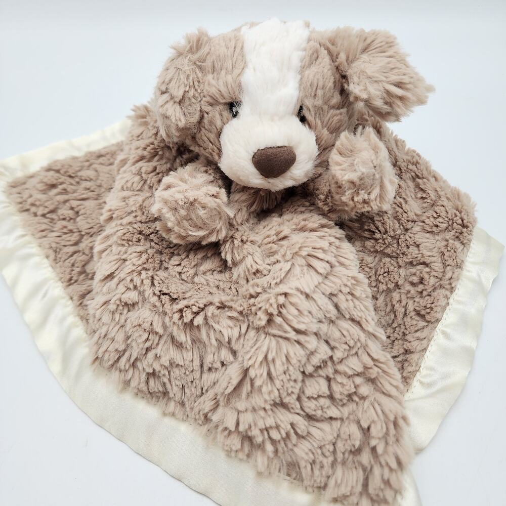Mary Meyer Lovey Brown Puppy Dog Shaggy Baby Security Blanket Ivory Satin Trim